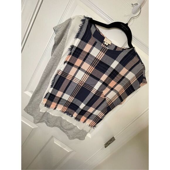 POSTMARK Anthropologie Multi-Color Mixed Fabric Plaid Jersey Shirt Womens sz sma - Picture 1 of 6